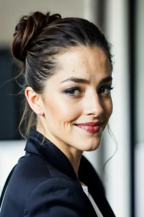 Photograph, olvt, beautiful eyes, long hair, (hair up:1.2), office background, high detail, HD, ultra detailed, ultra realism, field of view, trending on 500px, <lyco:Oliviat-RealVision-V1.0:1.0>