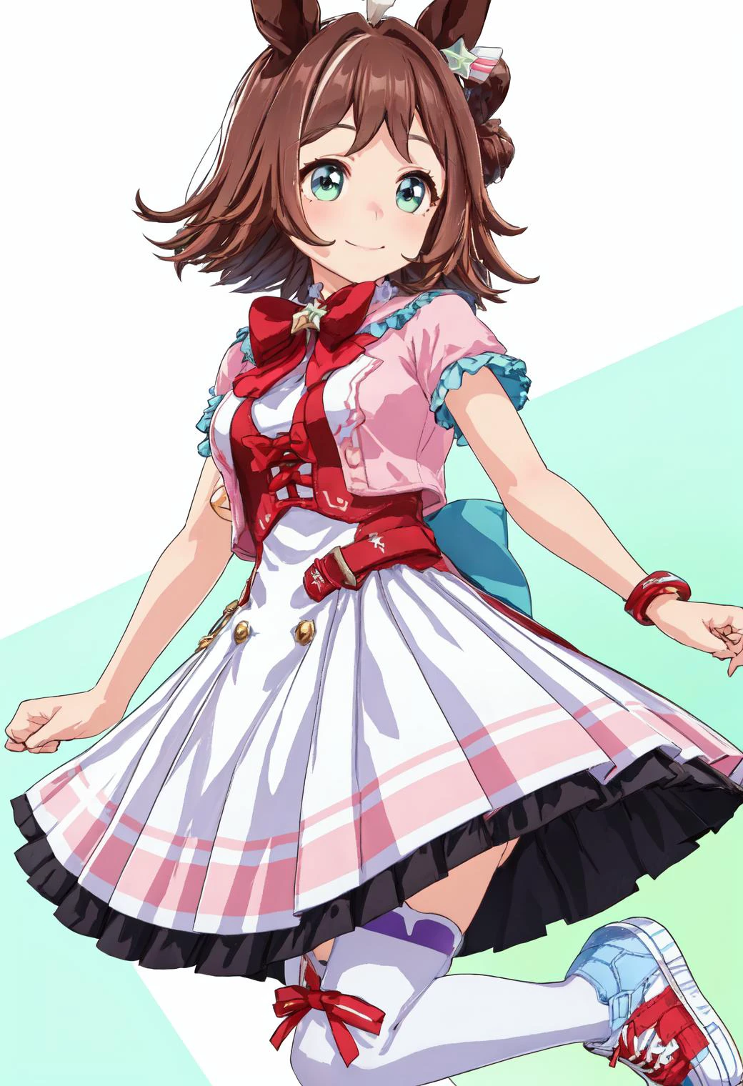 rhein_kraft\\(umamusume\), 1girl, solo, horse ears, horse tail, shoes, smile, full body, standing on one leg, white background, dress, standing, looking at viewer, thighhighs, sneakers, bow, pantyhose, white thighhighs
<lora:flat:-0.2> <lora:flat2:-0.2> <lora:rhein_kraft_v1:0.7>