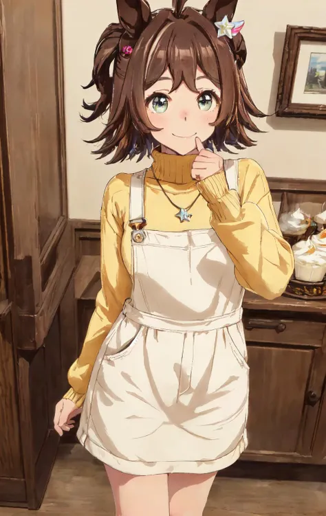 rhein_kraft\\(umamusume\), 1girl, solo, horse ears, smile, long sleeves, jewelry, necklace, full body,cream lofer, hair ornament,  yellow sweater,fullbody,
brown socks, anckle socks,closed mouth, star hair ornament, bangs, star shaped pupils, cream pinafore,cream loafer,
<lora:flat:-0.2> <lora:flat2:-0.2>   <lora:rhein_kraft_v1.9:0.6>