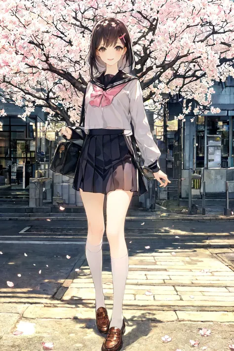 [Lens: 0],((cowboy shot)), 
[Special effects: 0], best quality, masterpiece, 8k, high on details, integrated details, HDR, UHD, detailed, illustration, extreme delete and beautiful, ultra realistic,
[Light and shadow: 0], mathematical lighting, mathematical effect,
[Background: 0], (Noon sunlight, deserted streets, full screen cherry trees, puddles on the ground, covered cherry petals, fluttering cherry blossoms, pink scene),
[Character: 0], 1 girl, black, long, straight, straight bangs, lovely eyes, delicate and beautiful eyes, thick eyelashes, powder blusher, bright red lips, tight mouth smile, slightly sideways, crooked head,
[Clothing: 0], sailor suit, headdress, hairpin, student bag, cute sleeves, off white coat, white stockings, hollowed out lace, brown small leather shoes  
<lora:JB_20230621094411-000009:1>