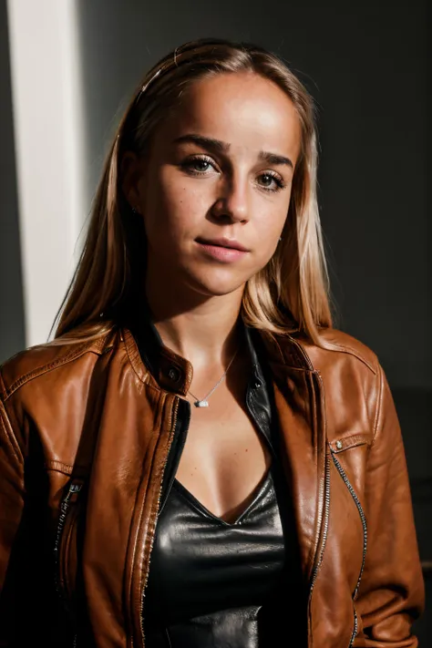 RAW photo of giuliagwinn, leather jacket, (high detailed skin:1.2), 8k uhd, dslr, soft lighting, high quality, film grain, Fujifilm XT3,  <lora:giuliagwinn:1>