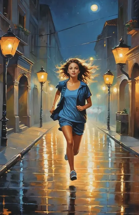 This is a masterpiece with excellent photo quality and rich details. In the picture, a girl runs in the street at night, the street lights are dim and the night is dim.