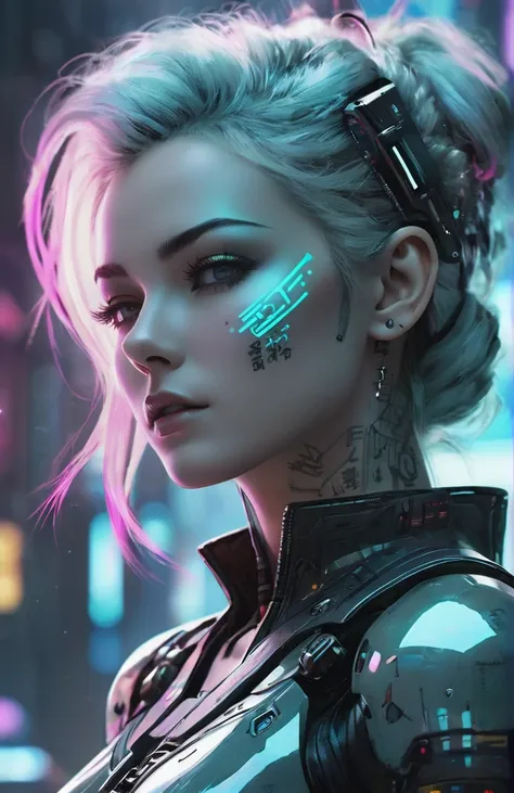 The text seems to describe a futuristic, cyberpunk-style scene. In this scene, there is a high-definition (HD) close-up of the face, with compact facial features and a deep background. The characters have color spray paint and tattoos on their bodies, and their faces are beautiful. The face is depicted in color and the eyes are white. From a deep perspective, the scene is a male character, as well as a sophisticated robot (boy robot). The final description is the background darkness.