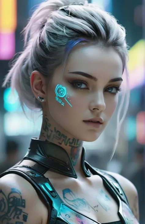 The text seems to describe a futuristic, cyberpunk-style scene. In this scene, there is a high-definition (HD) close-up of the face, with compact facial features and a deep background. The characters have color spray paint and tattoos on their bodies, and their faces are beautiful. The face is depicted in color and the eyes are white. From a deep perspective, the scene features male and female characters, as well as a sophisticated robot.