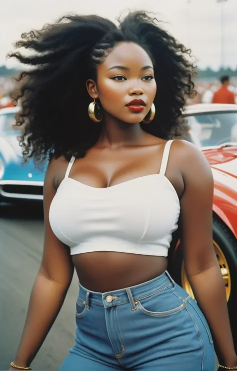 (grunge aesthetics:1.4), analog style, vacations photo, 1990s photo of a 1990s Equatorial Guinean woman (curvy and busty:2), 90's hairstyle, 90's makeup, flannel shirt, jeans, oversized, At a 1990s Race Track: Roaring engines, helmeted drivers, crowds, backlit BREAK 35mm, stunning beauty, detailed skin, skin texture, skin pores, (freckles:0.05). ultra realistic photography, flash photography, photo by Ellen Von Unwerth