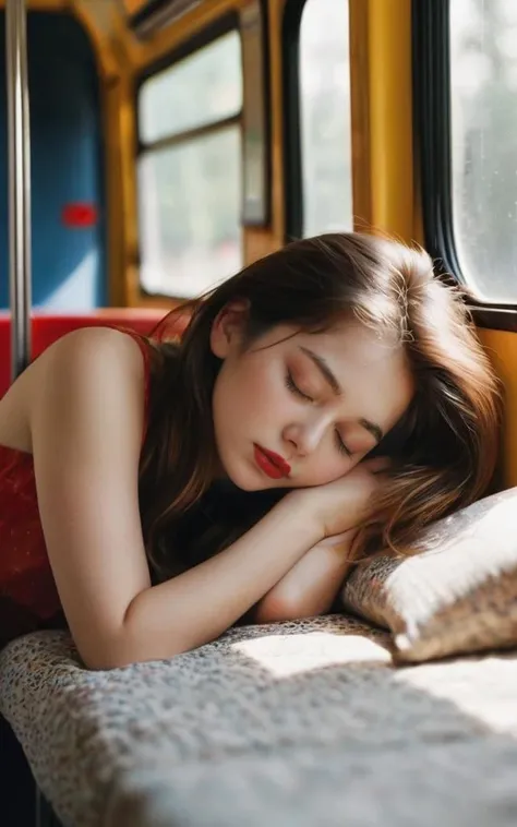 This is a high-resolution photo of a 25-year-old cute girl sleeping with her eyes closed, her mouth open, her red lips slightly open, her hair messy but straight and neat. Her underwear and shoes are faintly visible in the photo, while there are also scenes of accidentally exposed bottoms. The photos were taken in natural light, with contrasts of sunlight and shadows. The background was filmed on a bus, on a seat.