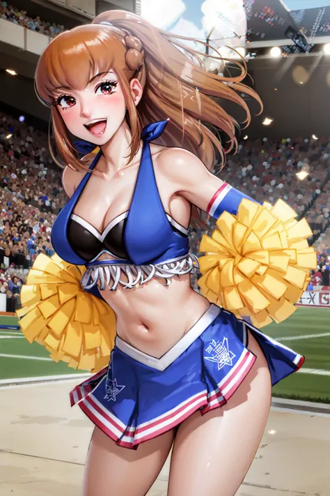 (masterpiece, best quality:1.2), <lyco:osutatakae_amemiya-10:0.9>, cowboy shot, solo, 1girl, amemiya sayaka, cheerleader, smile, open mouth, looking at viewer, pom pom \(cheerleading\), skirt, midriff, cleavage, stadium