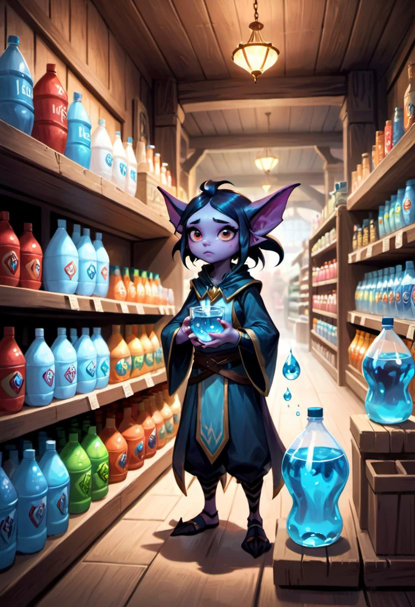 an imp in a store contemplating which brand of water to buy while shopping, digital painting, illustration, high quality, fantasy, wooden interior, league of legends splash art, magic the gathering artwork, dark