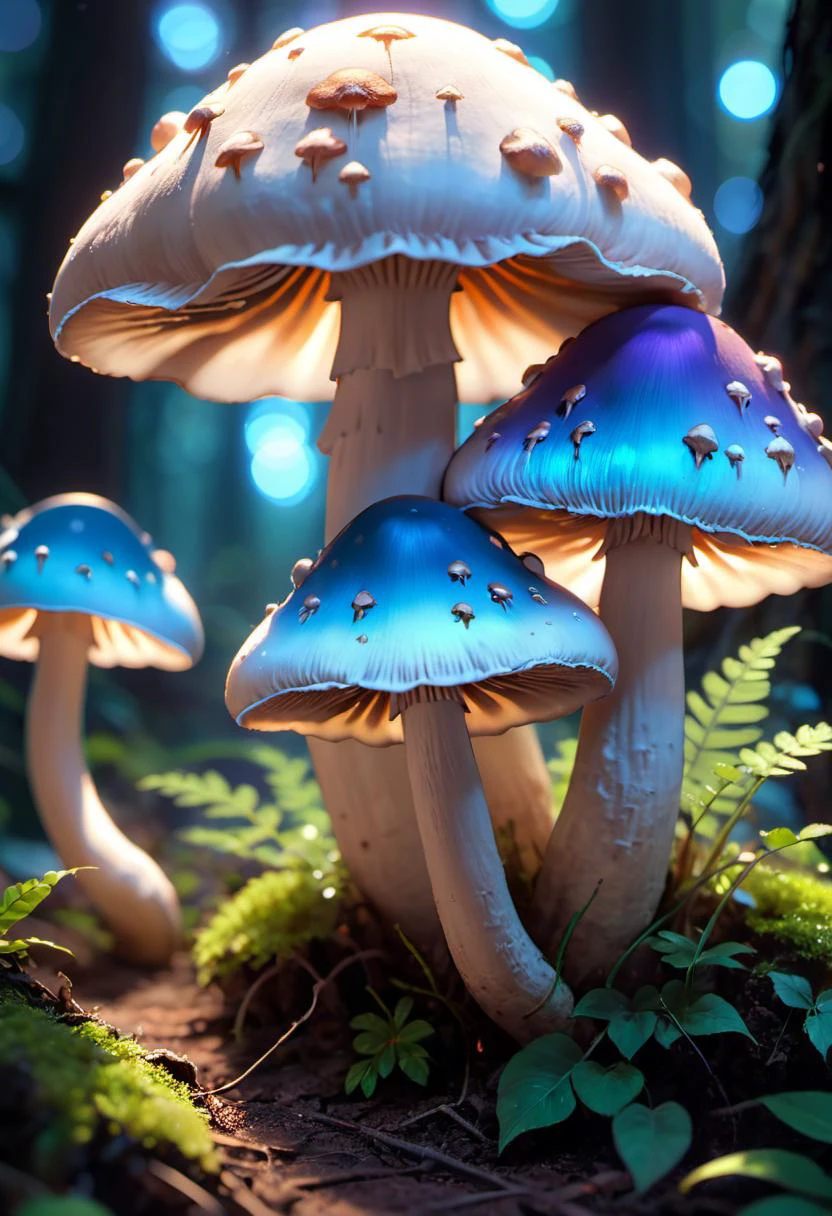 a macro shot of bioluminescent mushrooms mushrooms, dof, 4k, bokeh, anime, acid pixie acid pixie, mystic hues, by makoto shinkai and thomas kinkade and lee madgwick and ross tran and wlop, cosmic, heavenly, god rays, intricate detail, cinematic, 8 k, cel shaded, unreal engine, featured on artstation, pixiv