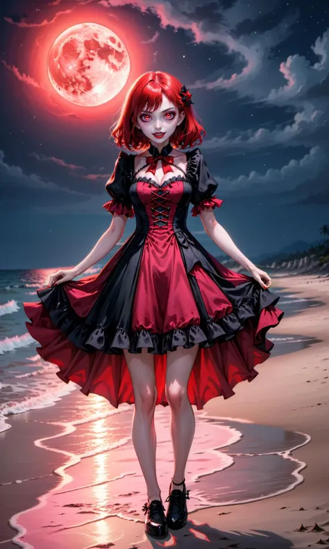 Pale woman with bright red eyes, vampire, fangs, pretty, red and pink gothic dress, moonlit beach background, full body shot, overlord, shaltear, black shoes