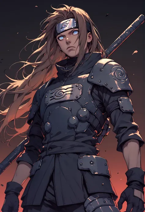 (score_9, score_8_up), score_7_up, zPDXL, naruto \(series\), 1boy, brown hair, long hair, spiky hair, blue eyes, mouth mask, dark background, black heavy armor, military armor, high collar, black pants, black gloves, heavy tactical gear, cowboy shot, looking away, dynamic pose, (forehead protector:1.1), konohagakure symbol, headband <lora:Sinozick_Style_XL_Pony:1>, sinozick style, flat color, dark theme