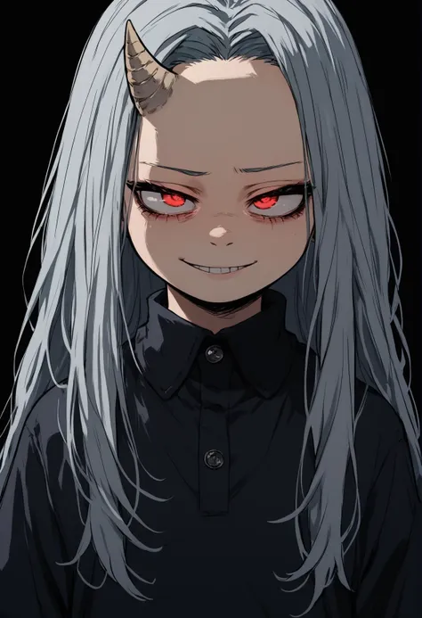 (score_9, score_8_up), score_7_up, zPDXL, eri, long hair, red eyes, grey hair, horns, child, single horn, female child, <lora:my-hero-academia-eri-anime-ponyxl-lora-nochekaiser:1>, upper body, smirk, looking away, black shirt, dark background, <lora:Sinozick_Style_XL_Pony:1>, sinozick style, flat color