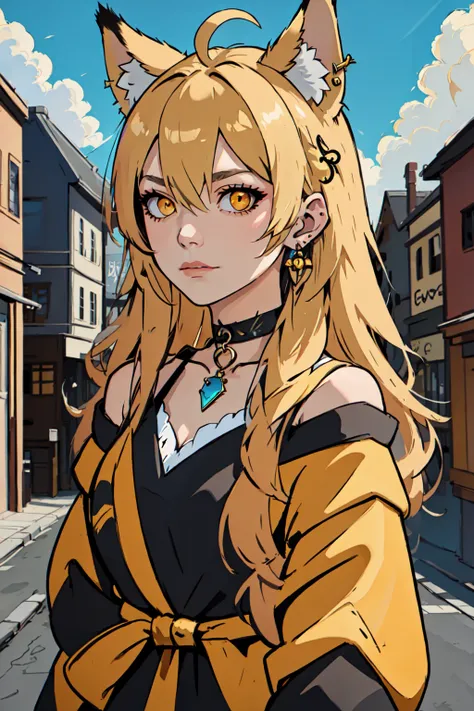 Enigma_Kitsune, 1girl, solo, long hair, looking at viewer, blonde hair, shirt, hair ornament, long sleeves, dress, bow, animal ears, hair between eyes, bare shoulders, jewelry, medium breasts, very long hair, closed mouth, collarbone, yellow eyes, upper body, ahoge, earrings, outdoors, sky, choker, day, necklace, off shoulder, black dress, blue sky, animal ear fluff, sash, black shirt, fox ears, black choker, expressionless, building, extra ears, street, <lora:Enigma_Kitsune-10:0.8>