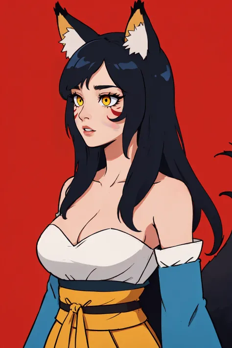 1girl, solo, long hair, large breasts, black hair, animal ears, cleavage, bare shoulders, medium breasts, blue hair, collarbone, tail, yellow eyes, upper body, parted lips, detached sleeves, lips, looking to the side, fox ears, fox tail, facial mark, looking away, slit pupils, multiple tails, red background, whisker markings, korean clothes <lora:Enigma_Kitsune-10:0.8>