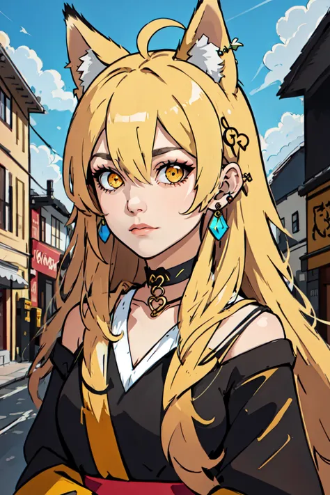 Enigma_Kitsune, 1girl, solo, long hair, looking at viewer, blonde hair, shirt, hair ornament, long sleeves, dress, bow, animal ears, hair between eyes, bare shoulders, jewelry, medium breasts, very long hair, closed mouth, collarbone, yellow eyes, upper body, ahoge, earrings, outdoors, sky, choker, day, necklace, off shoulder, black dress, blue sky, animal ear fluff, sash, black shirt, fox ears, black choker, expressionless, building, extra ears, street, <lora:Enigma_Kitsune-10:0.8>