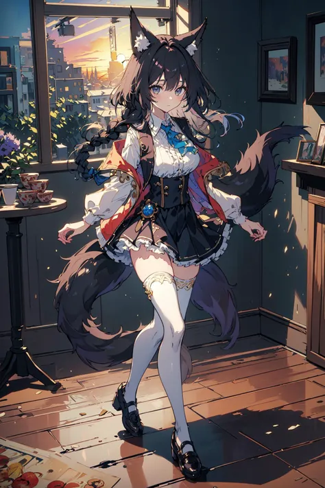 (high quality, best quality, 4k, 2k, (intricate:1.1), (high detail:1.3)), (indoors, tavern, fantasy, sunset), (official wallpaper, volumetric lighting, dynamic lighting), ((by Childe Hassam, by Camille Pissarro, by SHAFT)),
1girl, solo, black hair, braid, side braid, grey eyes, medium breasts,
fox ears, fox tail, fox girl, enigma_kitsune,
frilled skirt, white shirt, collared shirt, open jacket, thighhighs,
((facing viewer, looking at viewer)), standing, (full body, dancing),
<lora:KitsuneV2:0.7>