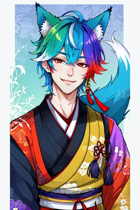 Enigma_Kitsune, solo, smile, 1boy, animal ears, red eyes, tail, upper body, blue hair, green hair, purple hair, gradient, multicolored hair, male focus, japanese clothes, wide sleeves, fox ears, fox tail, floral print, sandals, tassel, tabi official art, best quality, portrait, <lora:Enigma_Kitsune-10:0.6>