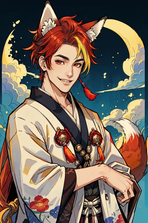Handsome Kitsune young man, long caramel hair, fangs, fox ears, fox tails, kitsune mask, white robe, cunning smile, masterpiece