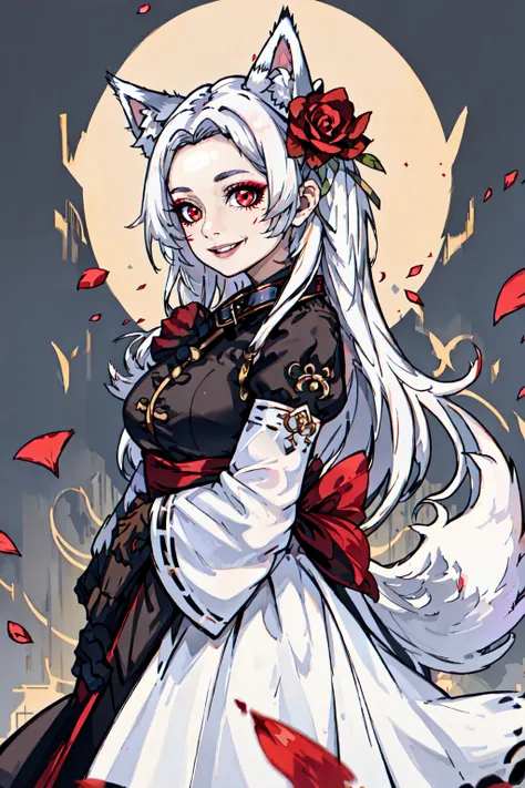 Enigma_Kitsune, 1girl, solo, long hair, looking at viewer, smile, hair ornament, red eyes, gloves, long sleeves, dress, holding, animal ears, medium breasts, very long hair, tail, flower, white hair, grey hair, parted lips, black gloves, puffy sleeves, hair flower, black dress, collar, from side, animal ear fluff, looking to the side, petals, fox ears, makeup, fox tail, facial mark, juliet sleeves, black background, red flower, fox girl, multiple tails, eyeshadow, red rose, forehead mark, holding flower, sideways glance, black kimono, falling petals, kitsune, red eyeshadow, red eyeliner, <lora:Enigma_Kitsune:0.8>