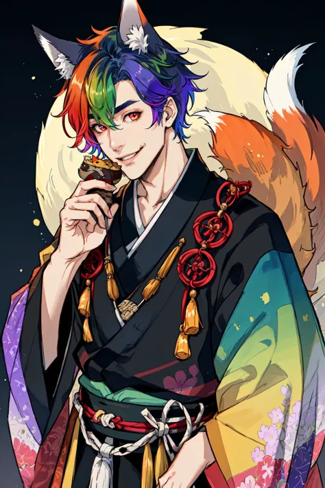 Enigma_Kitsune, solo, smile, 1boy, animal ears, red eyes, tail, upper body, blue hair, green hair, purple hair, gradient, multicolored hair, male focus, japanese clothes, wide sleeves, fox ears, fox tail, floral print, sandals, tassel, tabi official art, best quality, portrait, <lora:Enigma_Kitsune-10:0.7>