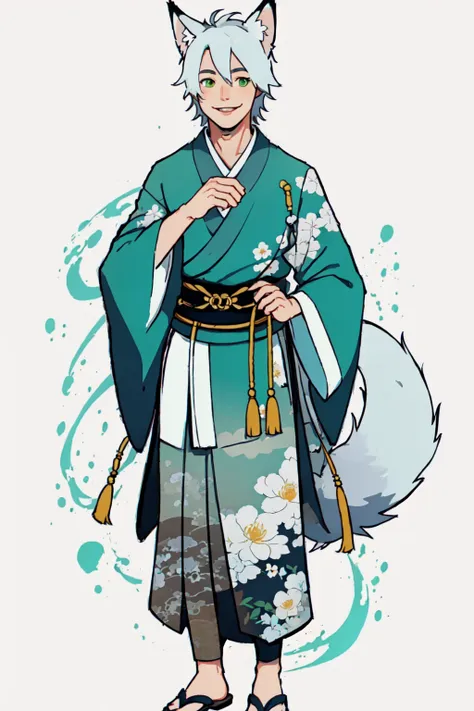 Enigma_Kitsune, solo, looking at viewer, smile, simple background, 1boy, white background, animal ears, green eyes, standing, tail, full body, white hair, male focus, japanese clothes, hand up, wide sleeves, fox ears, fox tail, floral print, sandals, tassel, tabi <lora:Enigma_Kitsune-10:0.7>