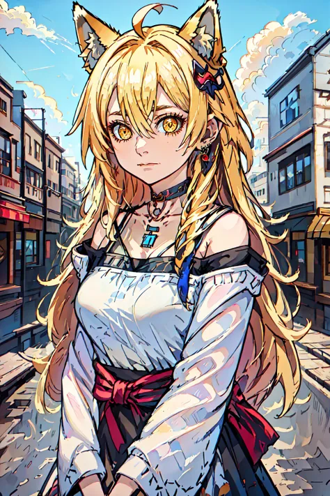 Enigma_Kitsune, 1girl, solo, long hair, looking at viewer, blonde hair, shirt, hair ornament, long sleeves, dress, bow, animal ears, hair between eyes, bare shoulders, jewelry, medium breasts, very long hair, closed mouth, collarbone, yellow eyes, upper body, ahoge, earrings, outdoors, sky, choker, day, necklace, off shoulder, black dress, blue sky, animal ear fluff, sash, black shirt, fox ears, black choker, expressionless, building, extra ears, street <lora:Enigma_Kitsune:0.8>