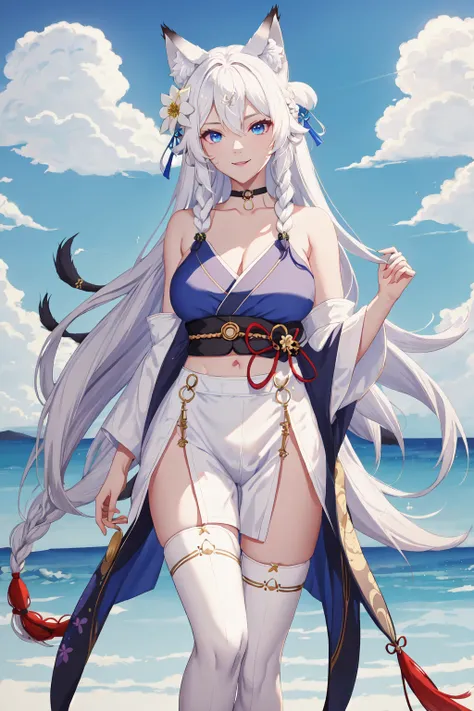 1girl, :d, animal ear fluff, animal ears, bare shoulders, barefoot, bird, blue eyes, bow, braid, choker, clenched hand, clothes writing, crop top, enigma_kitsune, fox boy, hair ornament, holding flower, kimono, large breasts, long hair, red eyes, sideways glance, sky, smile, solo, standing, topless male, wet, white hair, white thighhighs, <lora:KitsuneV2:0.7>