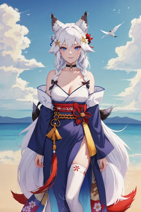 1girl, :d, animal ear fluff, animal ears, bare shoulders, barefoot, bird, blue eyes, bow, braid, choker, clenched hand, clothes writing, crop top, enigma_kitsune, fox boy, hair ornament, holding flower, kimono, large breasts, long hair, red eyes, sideways glance, sky, smile, solo, standing, topless male, wet, white hair, white thighhighs, <lora:KitsuneV2:0.7>