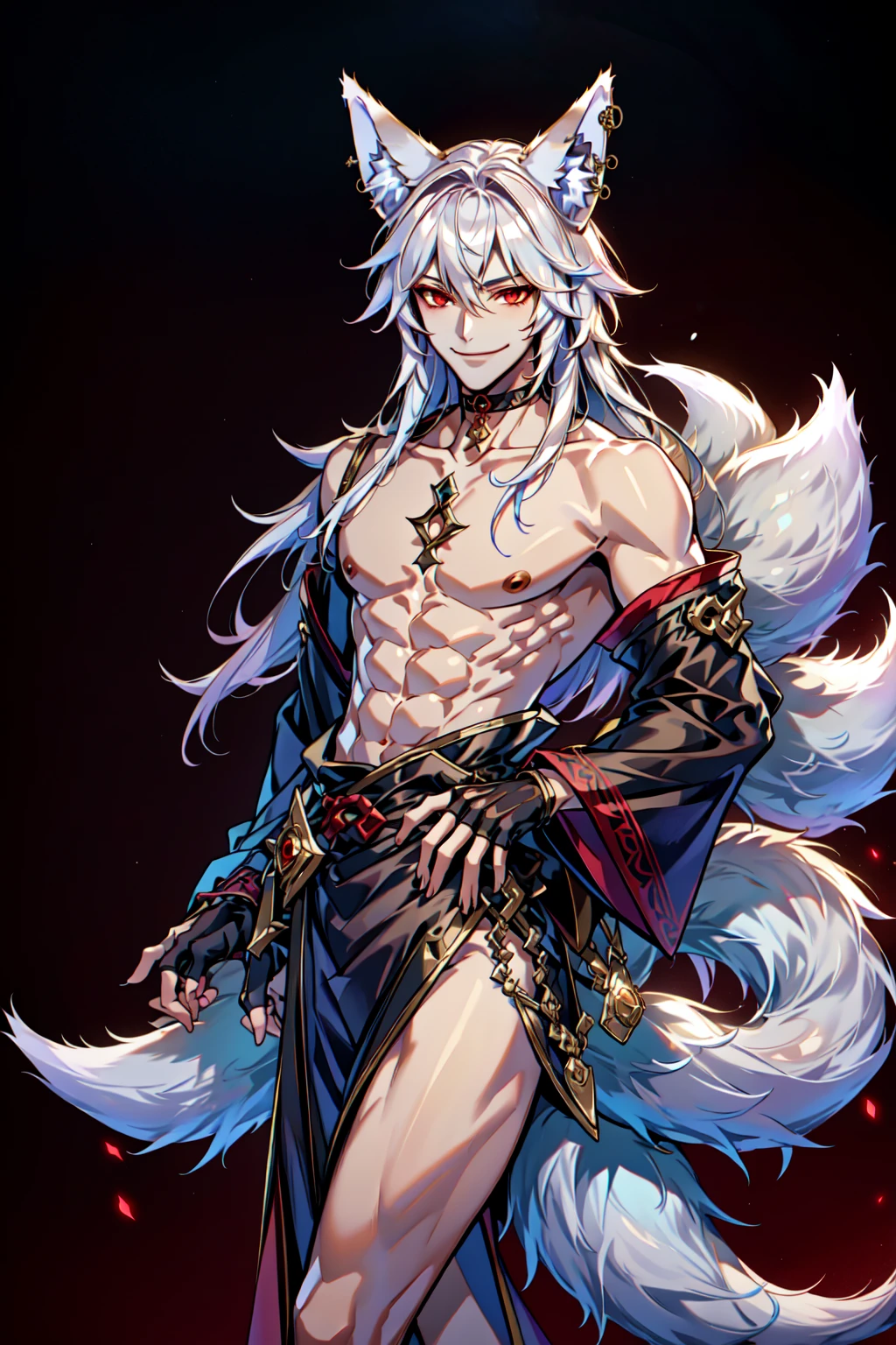 <lora:KitsuneV2:0.8> 1boy, genderswap, animal ears, bare legs, bare shoulders, building, choker, cleavage, collarbone, cowboy shot, enigma_kitsune, fox ears, hitodama, holding polearm, jewelry, kyuubi, long hair, long sleeves, looking at viewer, muscular, no humans, partially fingerless gloves, red eyes, simple background, smile, solo, tail, topless male, white hair, wolf ears