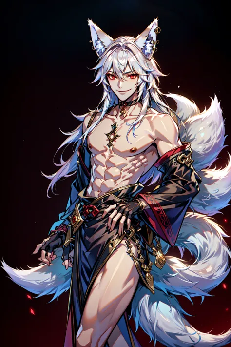 Anime people with wolf ears and shirtless bodies, female anime character, werecreature, eBlue eyes, Anime heroine, Handsome anime pose, Suitable banshee for white horns, anime figure, SFW version, fluffy chest,  detailed anime character art,