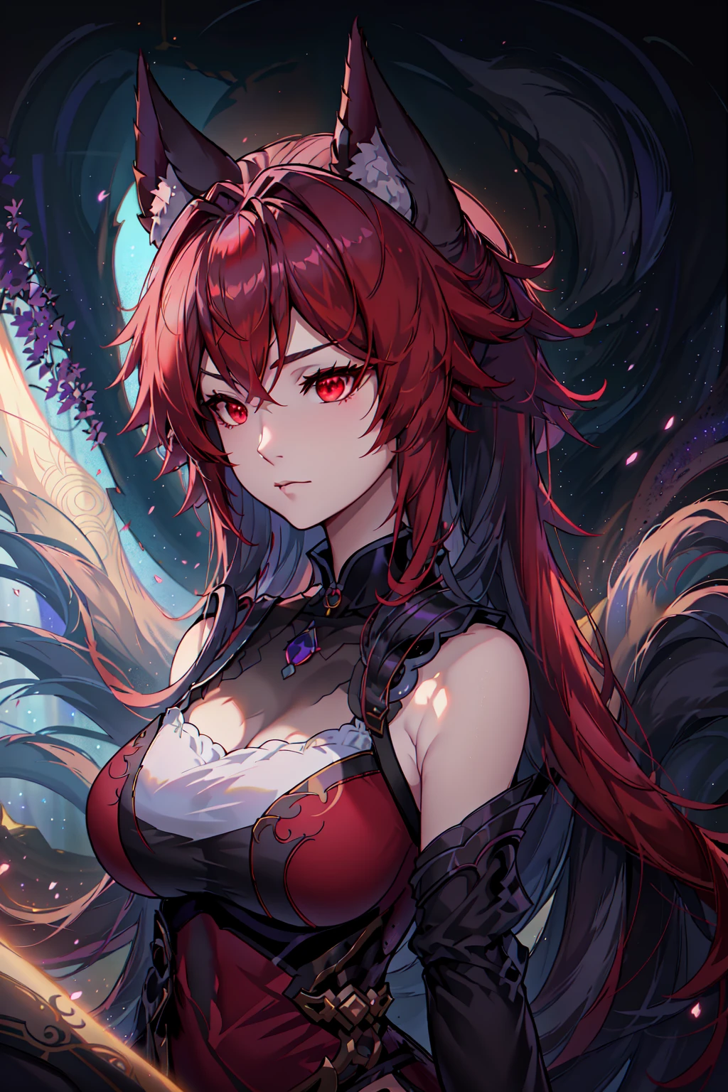 LimitBreakStyler Best_QualityPos BodyPositive Earth-QualityPos, 1girl, animal ear fluff, animal ears, bare shoulders, black background, closed mouth, collar, enigma_kitsune, full body, hair between eyes, hairband, jewelry, juliet sleeves, large breasts, long hair, long sleeves, looking at viewer, male focus, ponytail, red eyeliner, red eyes, shoulder armor, sleeveless, solo, tail, underwear, white dress <lora:KitsuneV2:0.8>