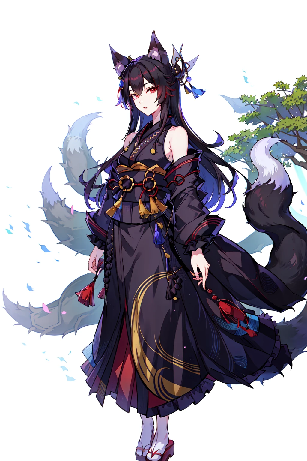 <lora:KitsuneV2:0.8> 1girl, >_<, animal ears, bare shoulders, black hair, dress, enigma_kitsune, fox ears, frilled skirt, hair stick, jacket, kimono, looking at viewer, male focus, outdoors, parted lips, sash, solo, spikes, standing, tail, tree, white background