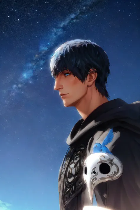 <lora:Hermes:0.75> Hermes FFXIV, short hair,upper body, sky, hood, from side, profile, mask, night, bird, hood down, star (sky), night sky, starry sky, realistic, mask removed