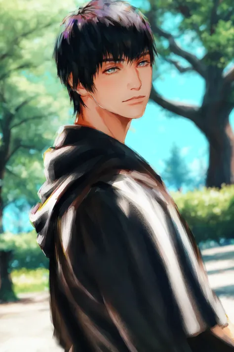 <lora:Hermes:0.75> Hermes FFXIV, looking at viewer, short hair, closed mouth, upper body, outdoors, hood, blurry, tree, blurry background, hood down