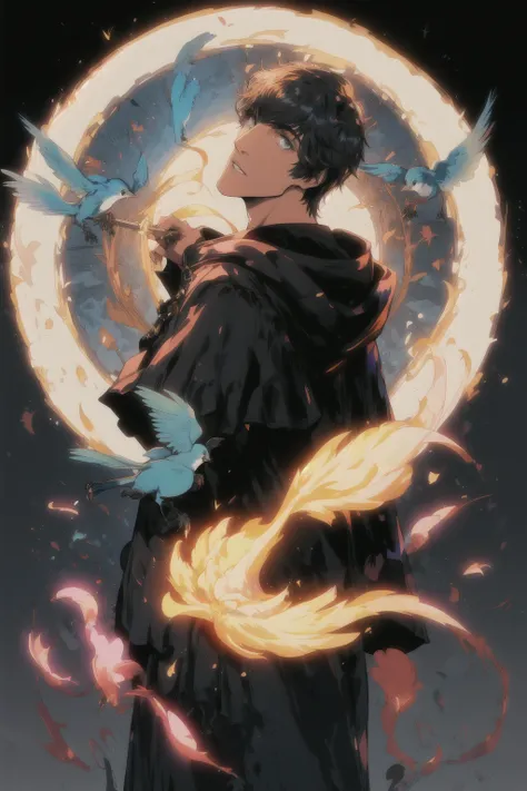 <lora:Hermes:0.75> Hermes FFXIV, looking at viewer, short hair, upper body, parted lips, looking back, hood, from behind, capelet, bird, hood down, black background, hooded capelet, black robe