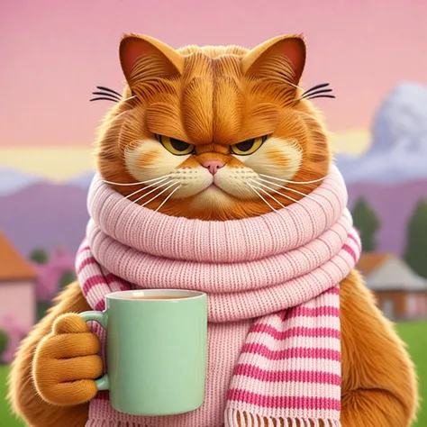 anime artwork Adorable Kawaii, (portrait of Garfield), anthropomorphic orange striped tabby Persian cat in a scarf holds a coffee mug, lazy, (fat:1.2), black eyes, chubby, pink nose,
complex background, outside <lora:Garfield:1>, pretty, cute, adorable, kawaii . anime style, key visual, vibrant, studio anime,  highly detailed, detailed skin texture, (blush:0.5), (goosebumps:0.5), subsurface scattering