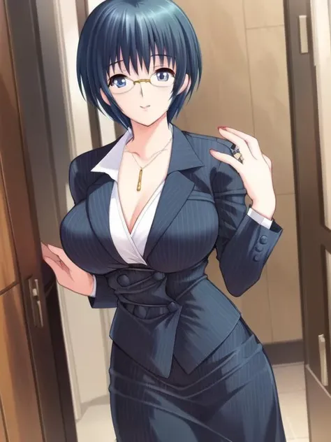 (hyper extreme detailed),(masterpeace),(hyper extreme),(photorealistic),CG,(colour:1.2), beautiful lighting,light from the front, solo, smile, <lora:Izawa_Ritsuko:1>,Izawa_Ritsuko,short hair,blue hair,blue_eyes,suit,pencil_skirt,pantyhose,