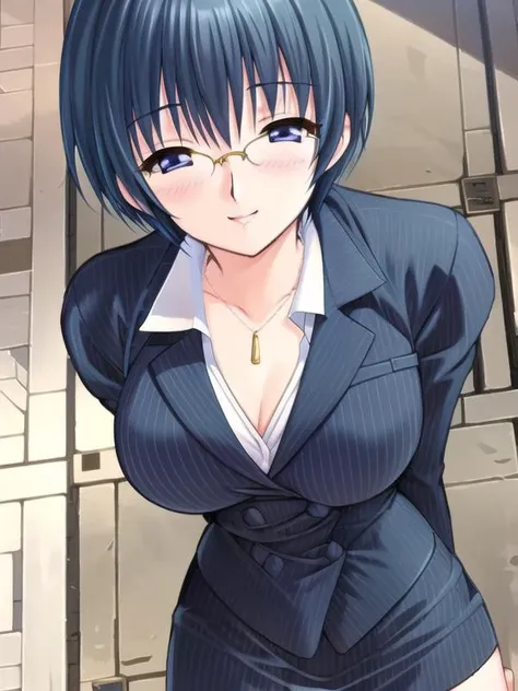 (hyper extreme detailed),(masterpeace),(hyper extreme),(photorealistic),CG,(colour:1.2), beautiful lighting,light from the front, solo, smile, <lora:Izawa_Ritsuko:1>,Izawa_Ritsuko,short hair,blue hair,blue_eyes,suit,pencil_skirt,pantyhose,