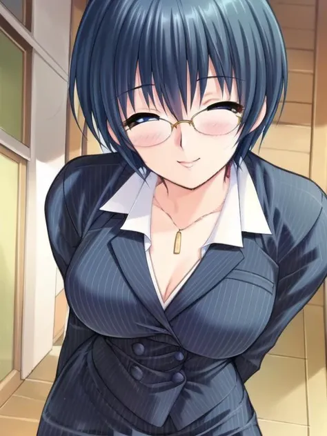 (hyper extreme detailed),(masterpeace),(hyper extreme),(photorealistic),CG,(colour:1.2), beautiful lighting,light from the front, solo, smile, <lora:Izawa_Ritsuko:1>,Izawa_Ritsuko,short hair,blue hair,blue_eyes,suit,pencil_skirt,pantyhose,