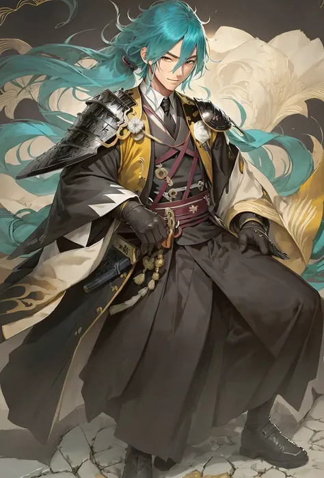 highly_detailed,extremely_detailed_CG_unity_8k_wallpaper,illustration,highres,absurdres, full_body, 1boy, aqua_hair, armor, black_gloves, eyes_visible_through_hair, full_body, gloves, hair_over_one_eye, ichigo_hitofuri, japanese_armor, japanese_clothes, kiwame_\(touken_ranbu\), male_focus, military, military_uniform, necktie, ponytail, short_sword, shoulder_armor, smile, sode, sword, transparent_background, weapon, yellow_eyes, <lora:ocIllustration_v10_0.3+jap-000002_0.7:1>