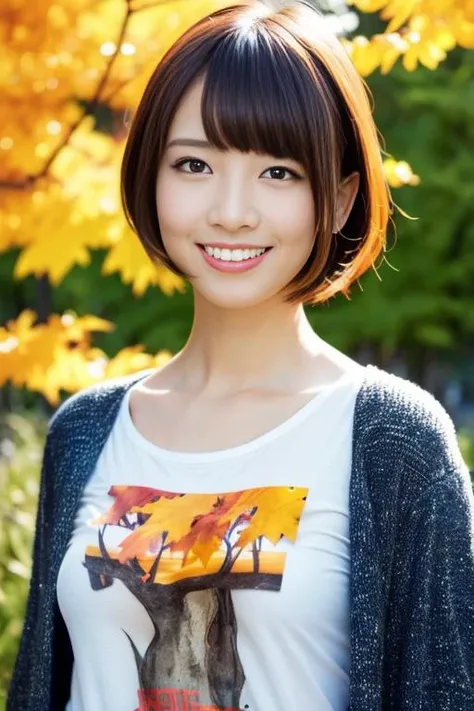 1girl,(wearing a tshirt and long jacket:1.2),(RAW photo, best quality), (realistic, photo-realistic:1.4), masterpiece, an extremely delicate and beautiful, extremely detailed, 2k wallpaper, Amazing, finely detail, extremely detailed CG unity 8k wallpaper, ultra-detailed, highres, soft light, beautiful detailed girl, extremely detailed eyes and face, beautiful detailed nose, beautiful detailed eyes,cinematic lighting,autumn scenery,ginkgo trees in autumn,at night,perfect anatomy,slender body,smiling <lora:hashimotonanami_lora:0.8>