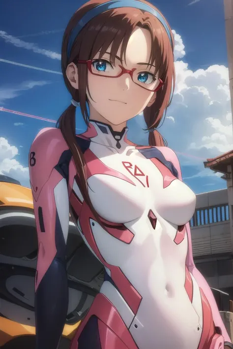 marimakinami, <lyco:mari makinami rebuild-lyco-nochekaiser:1>,
mari makinami, long hair, brown hair, twintails, (low twintails:1.5), hairband, blue hairband, blue eyes, (parted bangs:1.5), smile,
BREAK bodysuit, mecha, science fiction, red-framed eyewear, pilot suit, plugsuit, pink bodysuit,
BREAK outdoors, city, sky, clouds, sun,
BREAK looking at viewer, (cowboy shot:1.5),
BREAK <lyco:GoodHands-beta2:1>, (masterpiece:1.2), best quality, high resolution, unity 8k wallpaper, (illustration:0.8), (beautiful detailed eyes:1.6), extremely detailed face, perfect lighting, extremely detailed CG, (perfect hands, perfect anatomy),