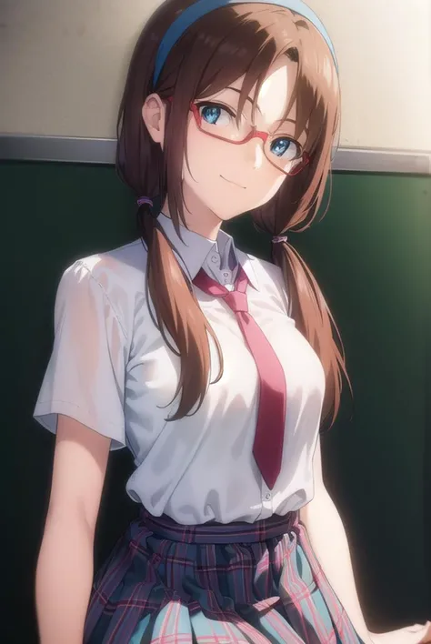 marimakinami, <lyco:mari makinami rebuild-lyco-nochekaiser:1>,
mari makinami, long hair, brown hair, twintails, (low twintails:1.5), hairband, blue hairband, blue eyes, (parted bangs:1.5), smile,
BREAK skirt, thighhighs, school uniform, pantyhose, necktie, plaid, plaid skirt, shirt, white shirt, collared shirt, short sleeves,  glasses, opaque glasses,
BREAK indoors, classroom,
BREAK looking at viewer, (cowboy shot:1.5),
BREAK <lyco:GoodHands-beta2:1>, (masterpiece:1.2), best quality, high resolution, unity 8k wallpaper, (illustration:0.8), (beautiful detailed eyes:1.6), extremely detailed face, perfect lighting, extremely detailed CG, (perfect hands, perfect anatomy),