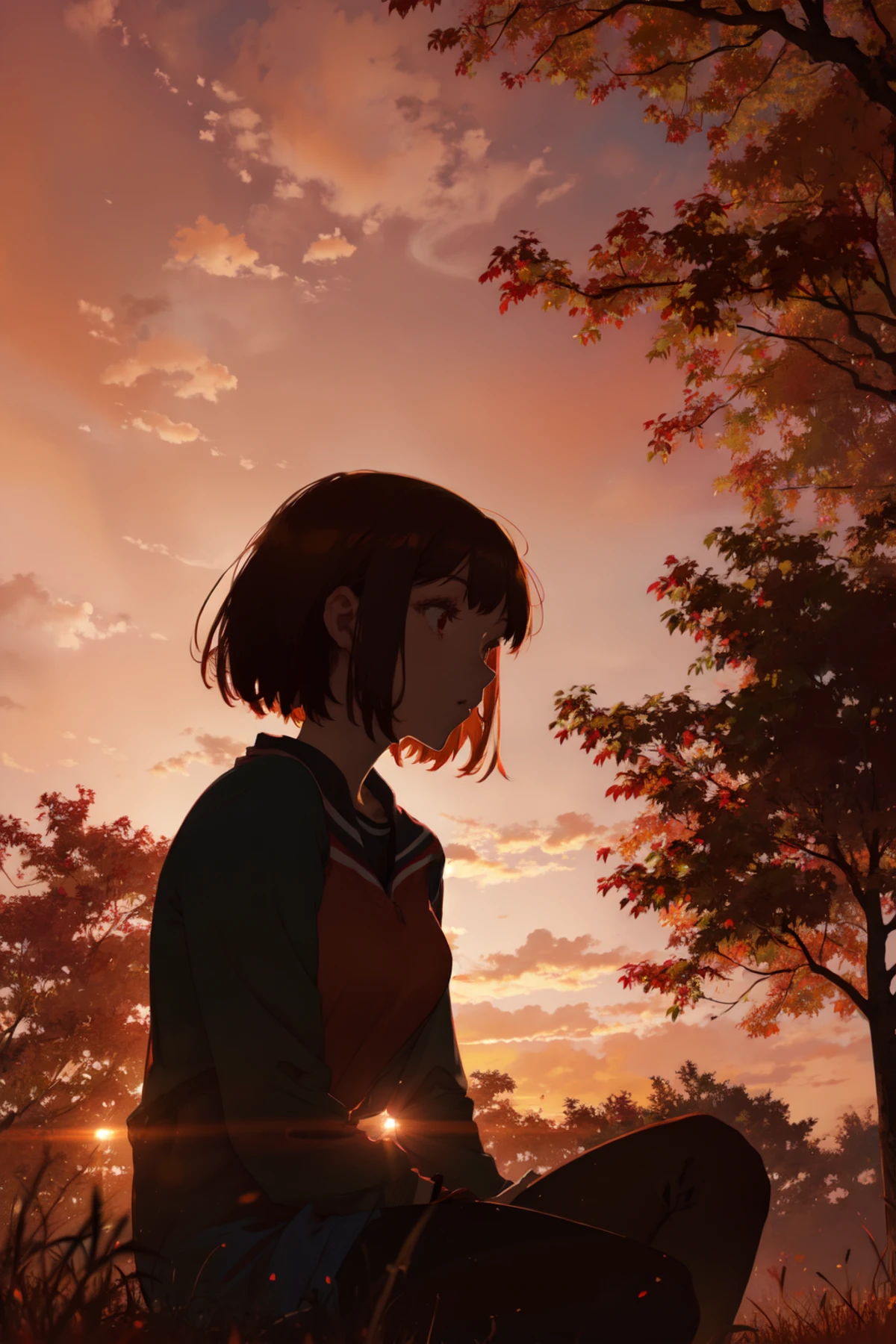 1girl, silhouette, sitting, sitting under tree, orange-red sky, evening, orange lighting