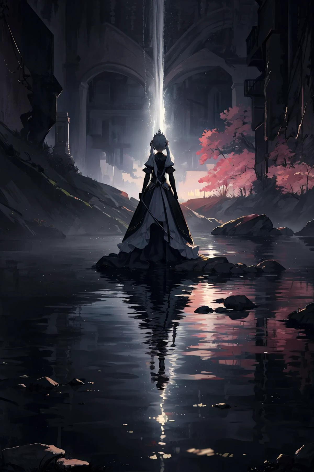 highest quality, 8k, UHD, extreme resolution, 1girl, low twintails, silver tiara, diamonds, long hair, floating hair, (masterpiece:1.1), (highest quality:1.1), (HDR:1.0), scenic, water, dark environments, magenta theme, water, reflection, prism
