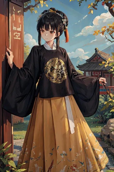 masterpiece, best quality, 1girl,solo,outdoor, (hanfu, ming style outfits, black short coat, yellow with white mamian skirt, round collar, overlapping collar), <lora:mingStyle8:0.6>