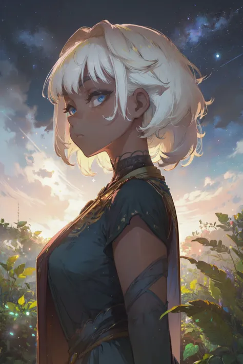 (masterpiece, top quality, best quality, official art, beautiful and aesthetic:1.2) BREAK (bright colors:0.9), (light pastel colors:1.4), photo of a curious girl, (ancient), (tan skin), fashion, light dust, patio, (depth of field:0.76), (fog), medium hair, long hair, white hair, masterpiece, 8k, tone mapping, hyper focus, white, blue eyes, (upper body:0.8), natural body, limited palette, (detailed hair:1.13), dynamic angle, (pastel drawing:0.7), (black outlines), (pastel background), soft lighting, (fox girl), solo, clarity, (by Antonio Maria Panni:1.6), (raised eyebrows:0.8), hero attire, (plants, modern:1.2), colorful, bold, vivid, (creative), (starry sky), (random:1.4)