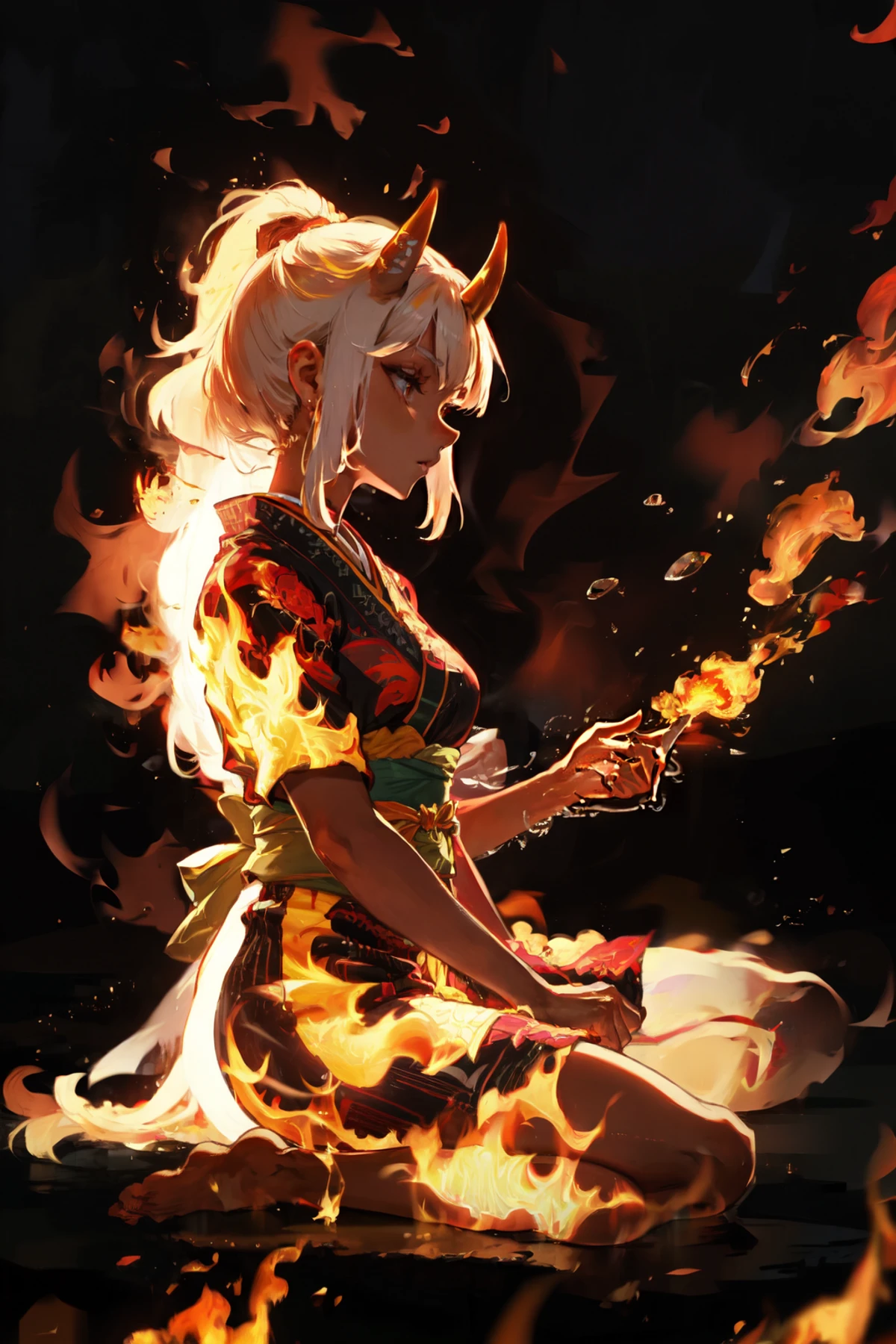 masterpiece, best quality, detailed-background superb multicolored 1girl (oni-horns:1.1) obi fiery-wings (demon-tail:1.1) absurdly-long-hair darkness vibrant-colors dark-background beautiful-8k-wallpaper sitting BREAK firecd fire flame burning <lora:firecd:0.8>