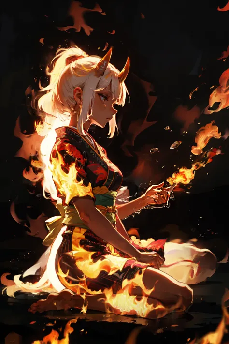 masterpiece, best quality, detailed-background superb multicolored 1girl (oni-horns:1.1) obi fiery-wings (demon-tail:1.1) absurdly-long-hair darkness vibrant-colors dark-background beautiful-8k-wallpaper sitting BREAK firecd fire flame burning  <lora:firecd:0.8>