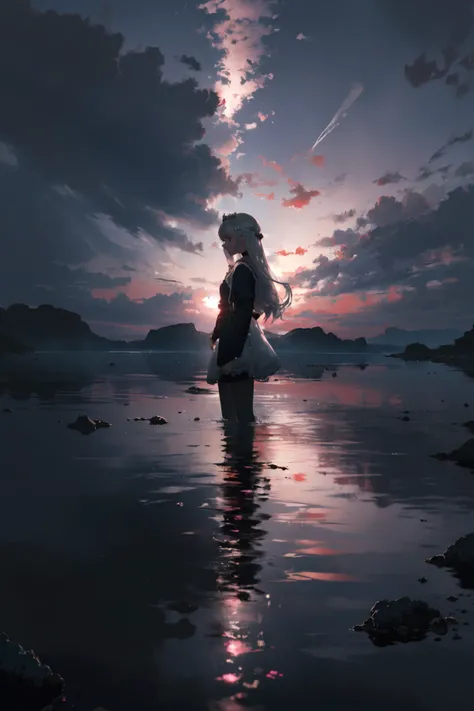 highest quality, 8k, UHD, extreme resolution, 1girl, hair bobbles, silver tiara, diamonds, long hair, floating hair, (masterpiece:1.1), (highest quality:1.1), (HDR:1.0), scenic, water, dark environments, magenta theme, water, reflection, prism